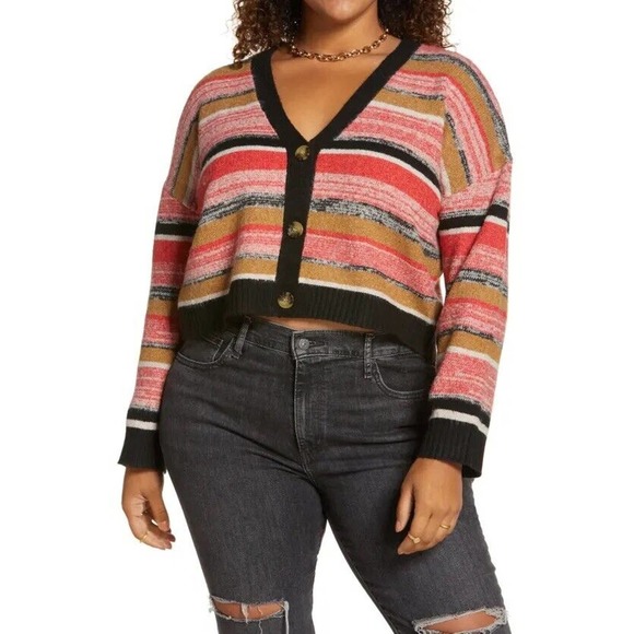 bp Sweaters - BP Nordstrom NWT Cropped Cardigan Button Down Stripe Red Black Sz 1X V Neck Knit
